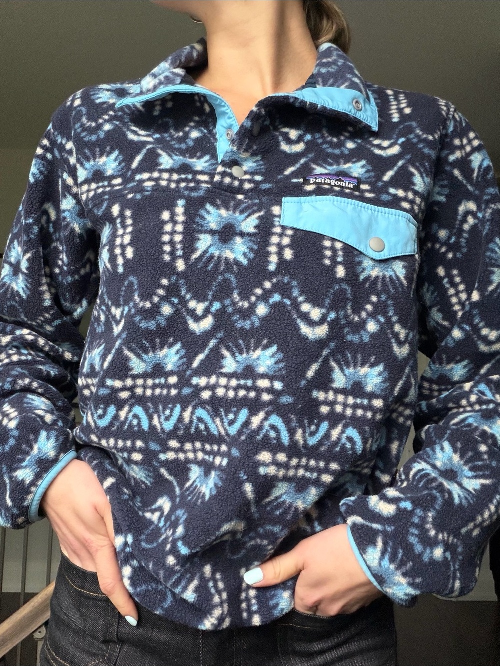 Patagonia Navy & Light Blue Patterned Snap-Front Fleece Pullover